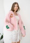 Stitch Flowers – Handgestrickte, klobige Strickjacke in Rosa