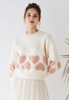 Tender Fuzzy Heart Jacquard-Strickpullover in Elfenbein