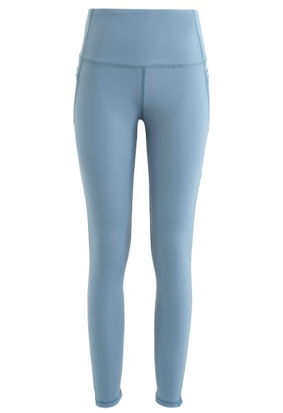 Mesh-Taschen High Rise Nahtdetail knöchellange Leggings in Blau