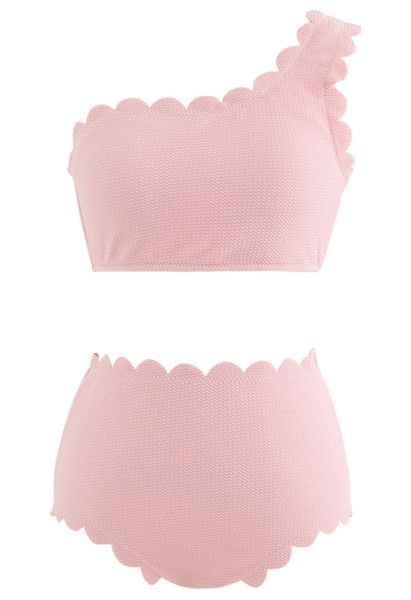 Eine Schulter Bikini Satz mit Wellenkante in Rosa