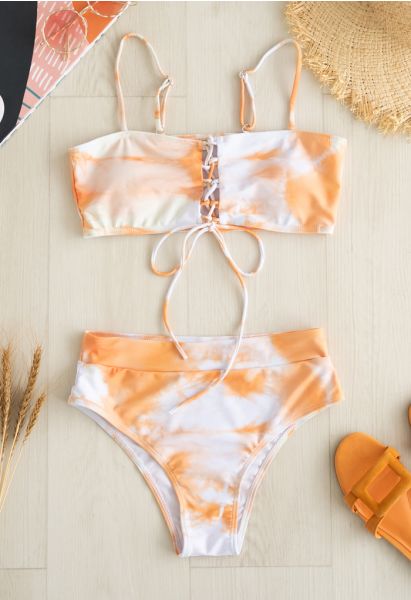 Tie-Dye-Bikini-Set mit hoher Taille und Schnürung vorne