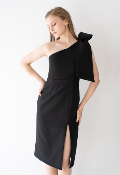 Bow Strap Oblique Slit Shift Kleid in Schwarz