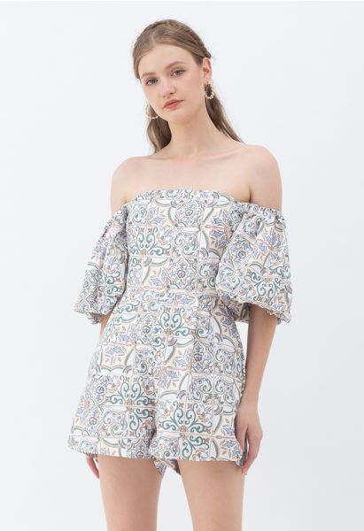 Gitter Paisley Blumen Off-Shoulder Spielanzug