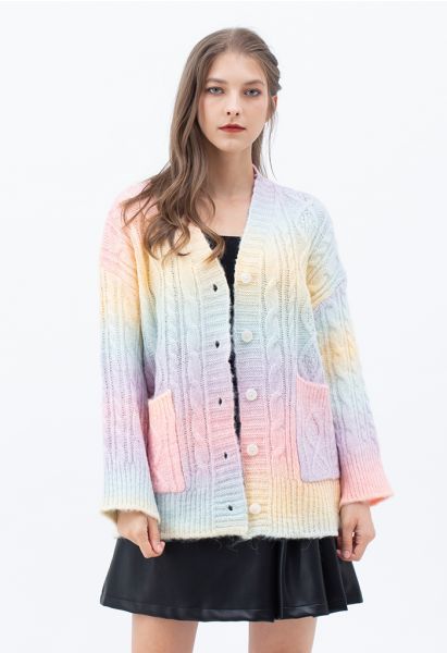 Regenbogen Ombre Strickjacke mit Zopfmuster und Knöpfen