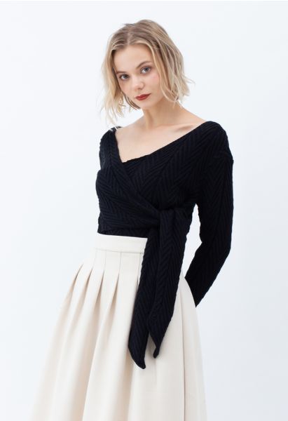 Tiefer Wrap Tie Crop Strickpullover in Schwarz