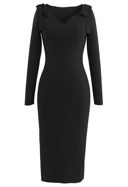 Bodycon Strickkleid mit Bowknot-Schultern und seitlichen Schlitzen in Schwarz