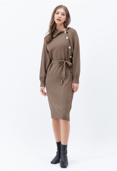 Geknöpftes Midikleid mit seitlichem Klappkragen in Taupe