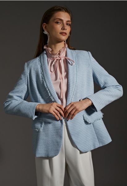 Tweed-Blazer mit Schalkragen und Fransen in Babyblau