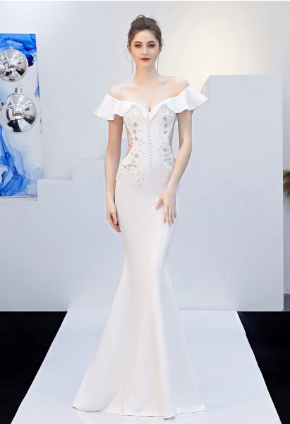 Gerüschtes Off-Shoulder-Stickerei-Meerjungfrauenkleid in Weiß