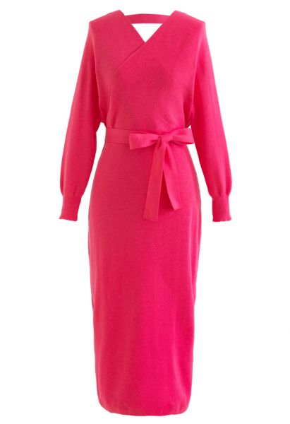 Gewickeltes Midi-Strickkleid mit Fledermausärmeln in Hot Pink