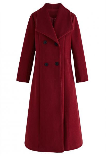 Zweireihiger, ausgestellter, langer Mantel mit breitem Revers in Rot