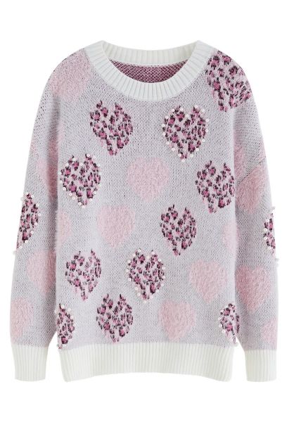 Fuzzy Pearly Leopard Heart Strickpullover