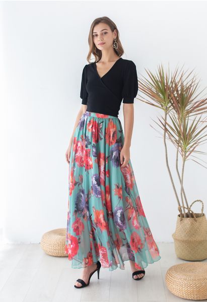 Chiffon-Maxirock mit ausgewachsenen Blumen