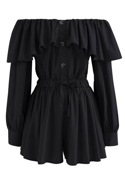 Schulterfreier Playsuit mit Knöpfen in Schwarz