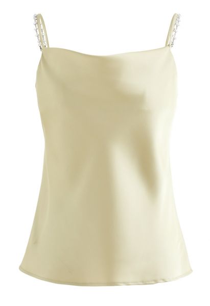 Pebble-Shape Pearl Strap Satin Cami Top in Senf