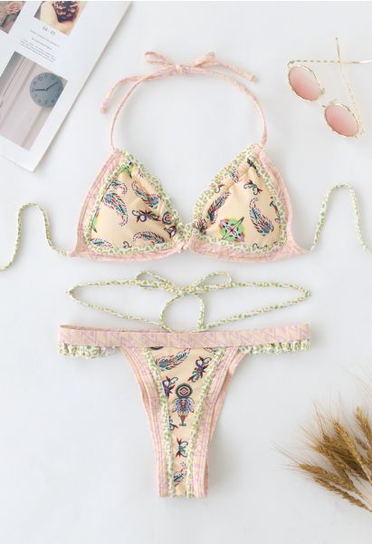 Boho Krawatten String Bikini Set in Hellgelb