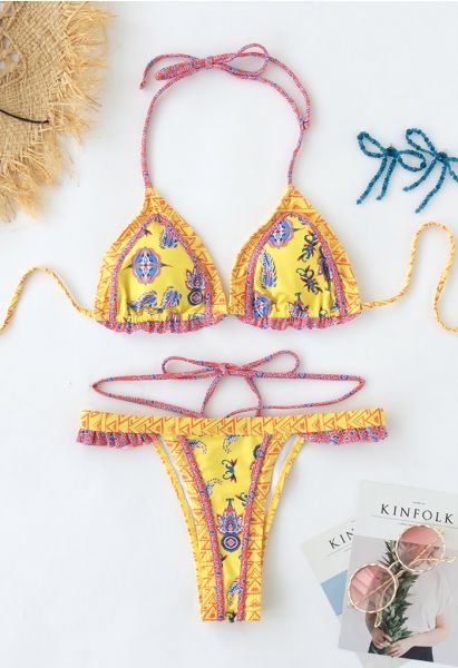 Boho Krawatten String Bikini Set in Gelb