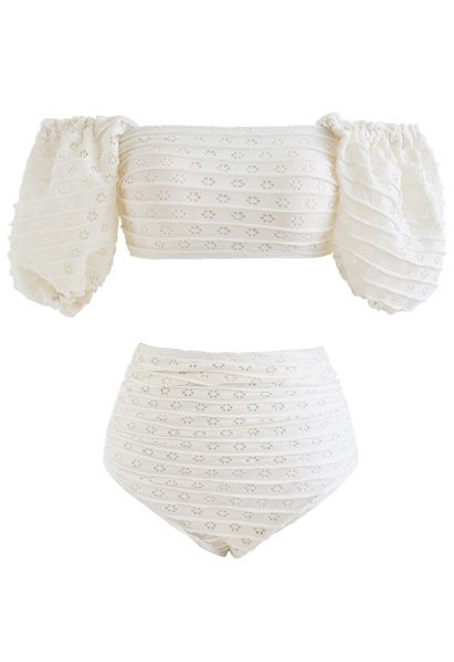 Cremiges, schulterfreies Bikini-Set mit Cutwork und voller Blüte