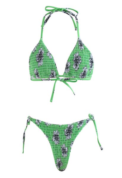 BikiniSatz mit gerafftem Blumenmuster und grünem Farbton