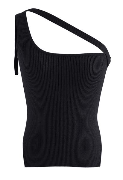 Strick-Tanktop mit Knopfleiste und einer Schulter in Schwarz