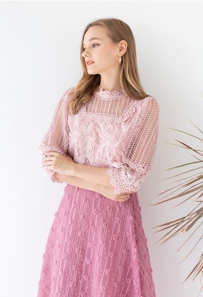 Gehäkeltes Blossom Puff Sleeve Top in Pink