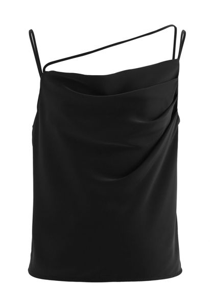 Satin-Tanktop mit geraffter Vorderseite und dreifachen Saiten in Schwarz