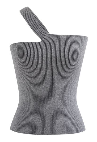 Crop-Strick-Tanktop mit schrägen Schultern in Grau