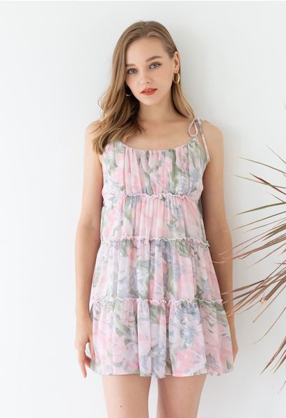 Pastell Blumen Rüschenbesatz Chiffon Cami Kleid