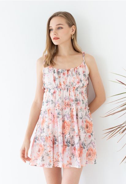 Camisole-Kleid aus Chiffon mit Aquarellblumen und Rüschenbesatz