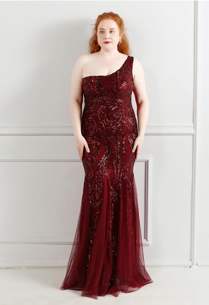 One-Shoulder-Blumengitter-Mesh-Kleid mit Pailletten in Burgund