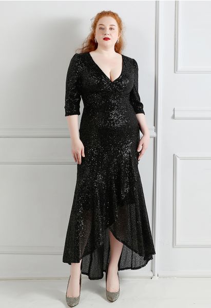 Kleid mit Ellbogenärmeln und Pailletten in Schwarz