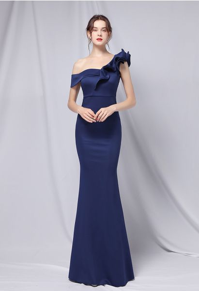 Rüschen-One-Shoulder-Nixe-Satin-Kleid in Marineblau