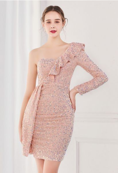 Rüschen One-Shoulder-Kleid mit buntem Paillettenbesatz in Pink