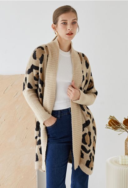 Fuzzy Leopard Fledermausärmel Open Front Cardigan in Camel