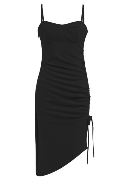 Cami-Kleid mit gerüschtem Kordelzug und geschlitztem Saum in Schwarz