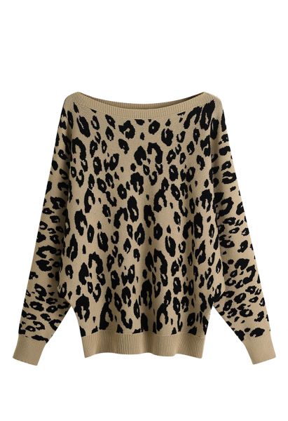 Pullover mit Leoparden-Jacquard und Fledermausärmeln in Camel