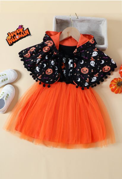 Halloween-Geist-Kürbis-Netzkleid für Kinder mit Kapuzenumhang