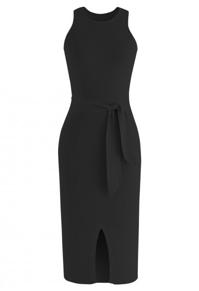 Front Slit Tie Waist Sleeveless Knit Dress in Black