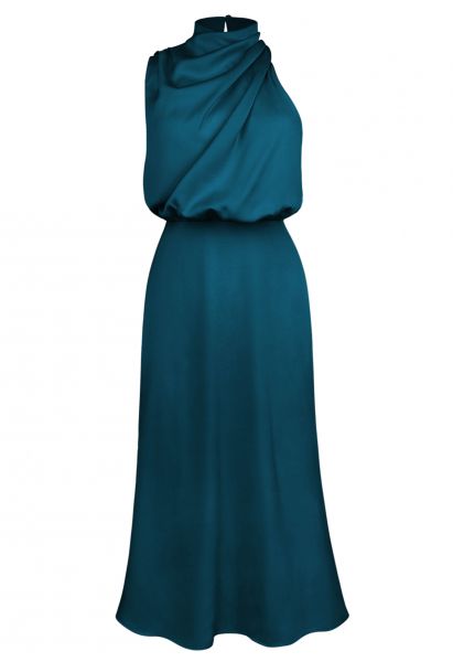 Ärmelloses Kleid mit asymmetrischem Rüschenausschnitt in Blaugrün