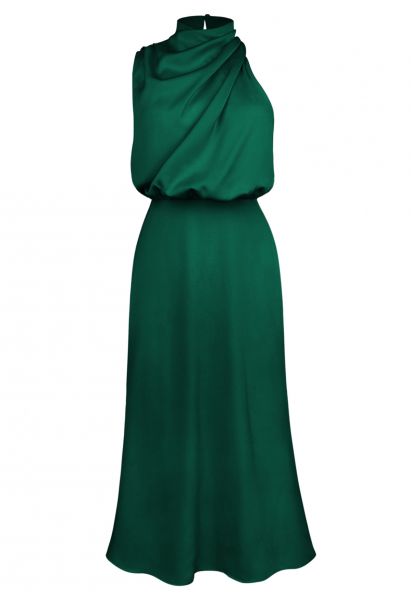 Ärmelloses Kleid mit asymmetrischem Rüschenausschnitt in Dunkelgrün