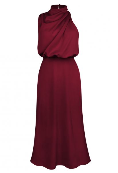 Asymmetrisches ärmelloses Kleid mit gerüschtem Ausschnitt in Burgund