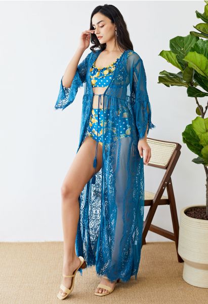 Kimono mit geschlitzten Bündchen und floraler Spitze in Blaugrün