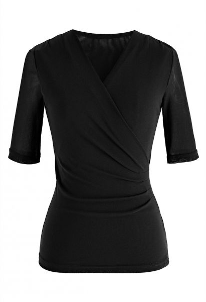 Faux Wrap Soft Mesh Ellbogenärmel Top in Schwarz