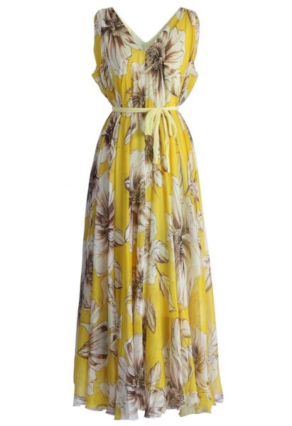 Wunderbare gelbe Blumen Chiffon langes Kleid