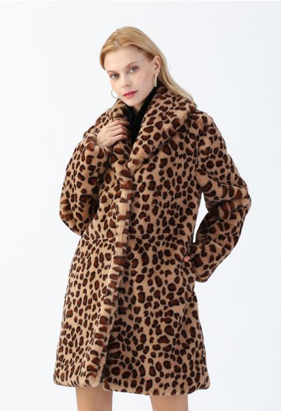 Brown Leopard Kunstpelz Longline Coat mit Kragen