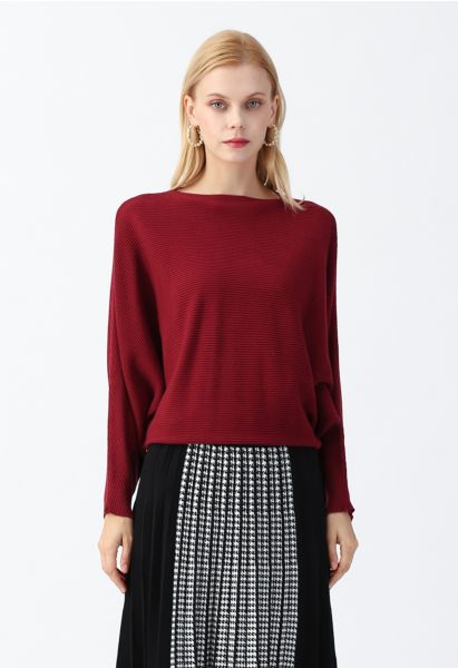 Boot Ausschnitt Batwing-Ärmel Crop Knit Top in Rot