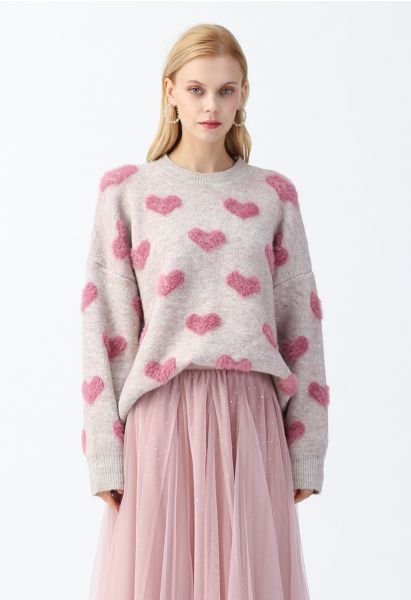 Kontrastfarbe Fuzzy Hearts Strickpullover