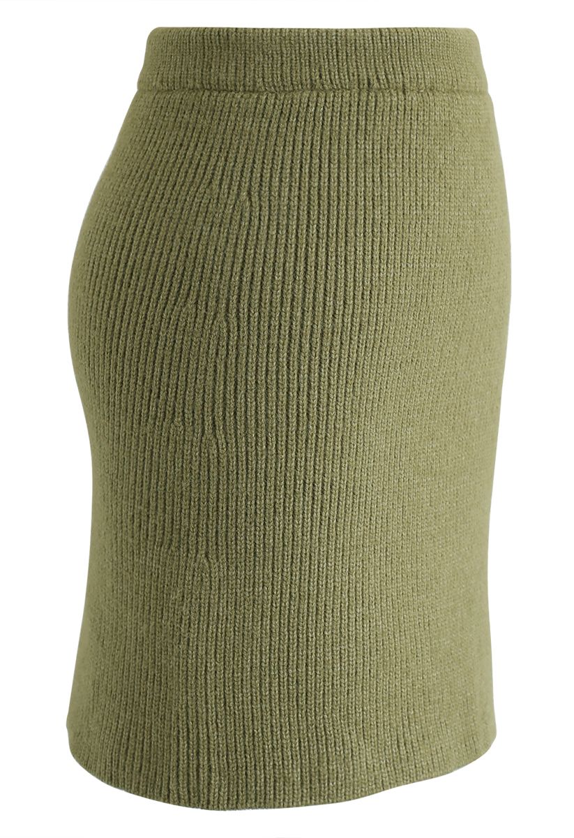 Flauschiger Textur-Strickrock in Armeegrün