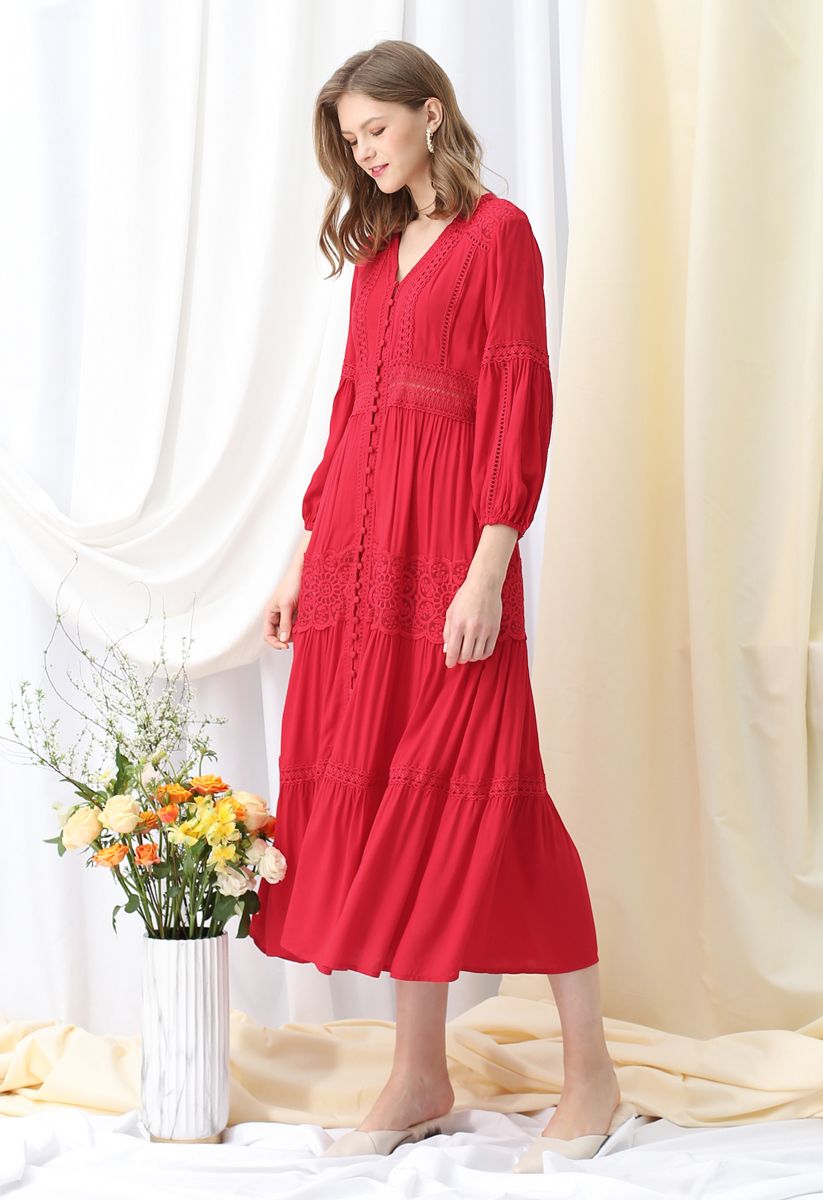 Knopf unten Häkeln Besticktes Boho Maxikleid in Rot