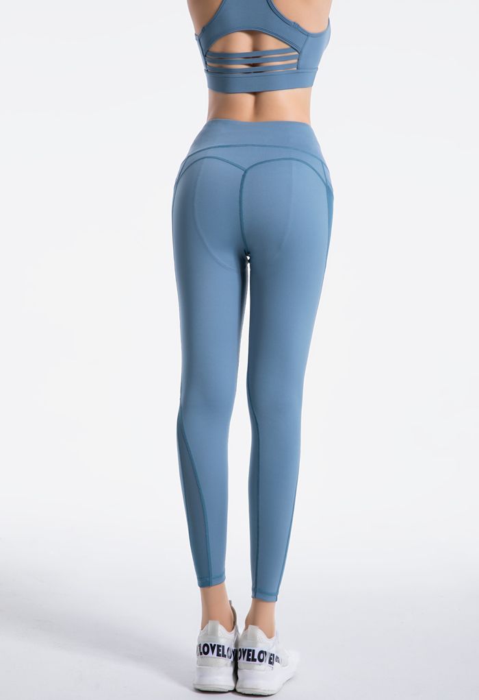 Mesh-Taschen High Rise Nahtdetail knöchellange Leggings in Blau